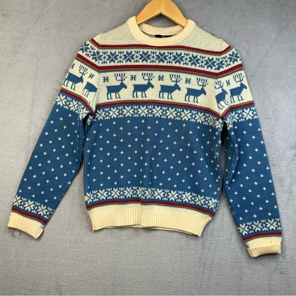 Demeter Sweaters - Demetre  100% Pure Lamb Wool Blue and White Reindeer Sweater. Ladies size Large.